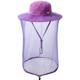 Purple fishing hat with hidden mosquito net - front view